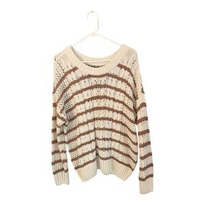 Sonoma Cream and Brown Wide Knit Striped Sweater Large